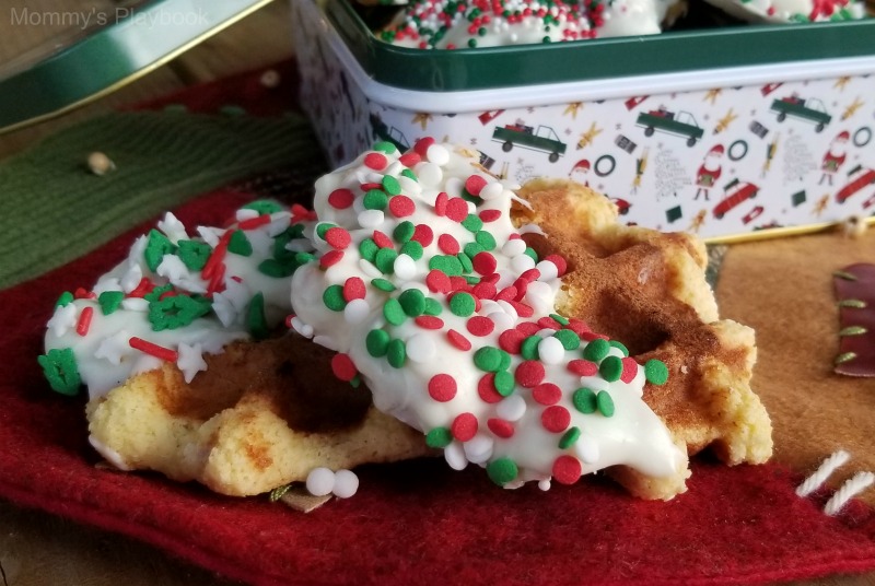Easy White Chocolate Sprinkle Dipped Waffle Cookies by Mommy's Playbook; No Mixer and NO OVEN cookie; cake mix cookie recipe