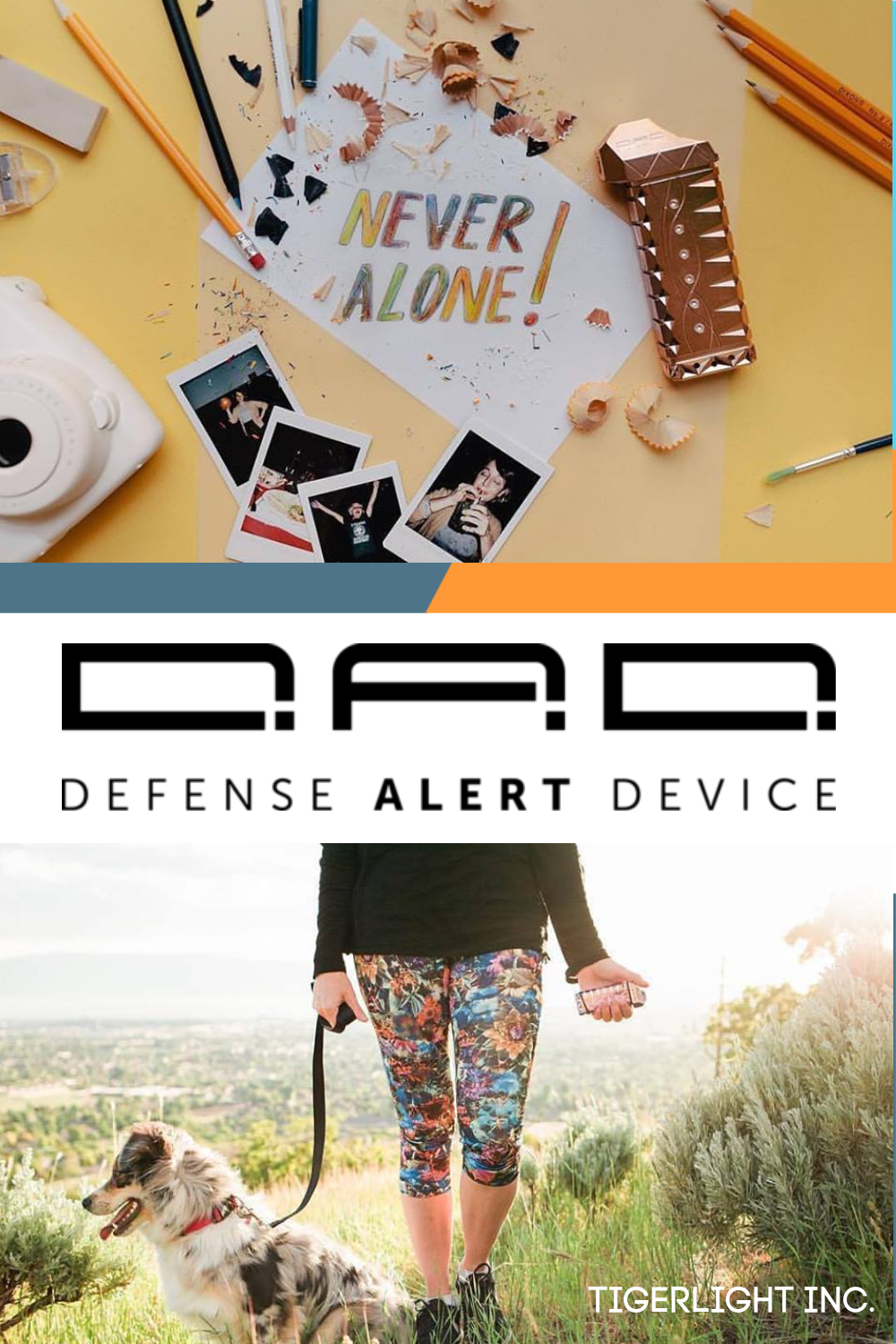 The D.A.D.Â® (Defense Alert Device) is the first non-lethal personal safety device with smart technology. Each device is equipped with Bluetooth to send an emergency alert via your cell phone. #Tigerlight #BeBold #NeverAlone